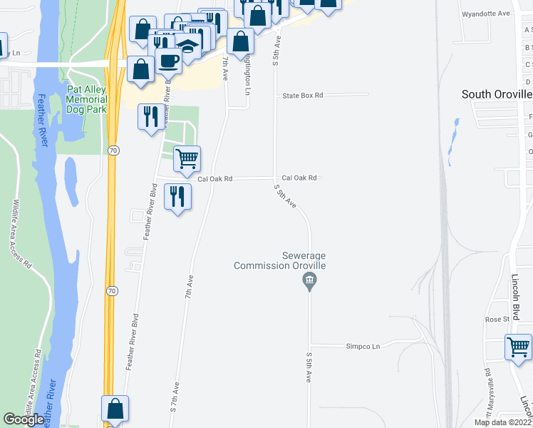 map of restaurants, bars, coffee shops, grocery stores, and more near 2720 South 5th Avenue in Oroville