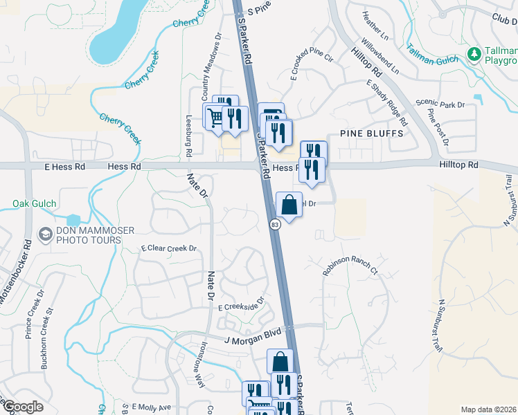 map of restaurants, bars, coffee shops, grocery stores, and more near 19603 East Hollow Creek Drive in Parker