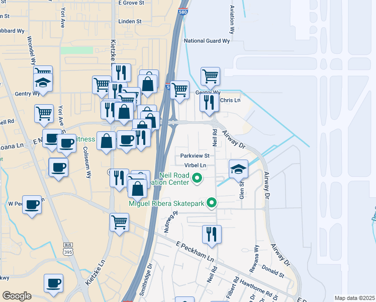 map of restaurants, bars, coffee shops, grocery stores, and more near 1120 Parkview Street in Reno