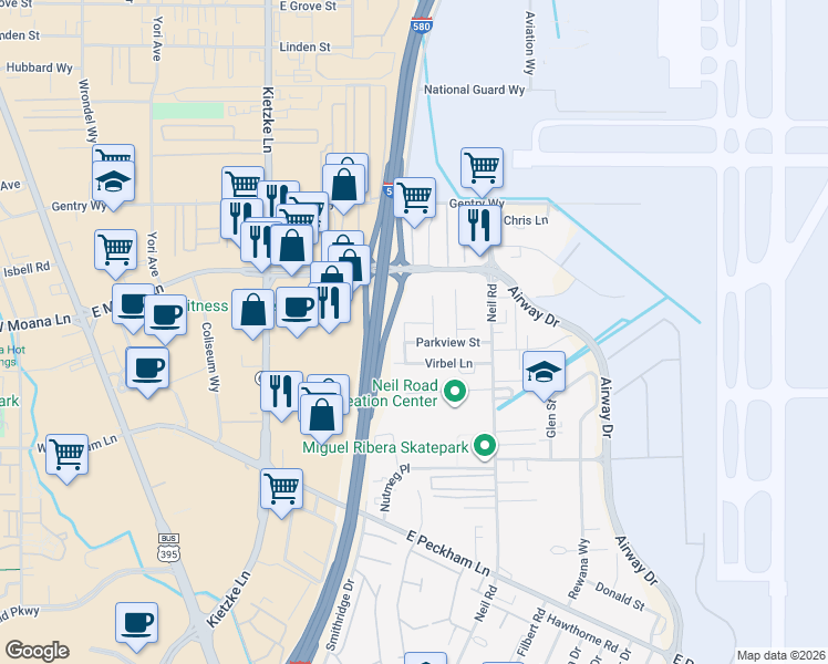 map of restaurants, bars, coffee shops, grocery stores, and more near 3635 Kindred Avenue in Reno