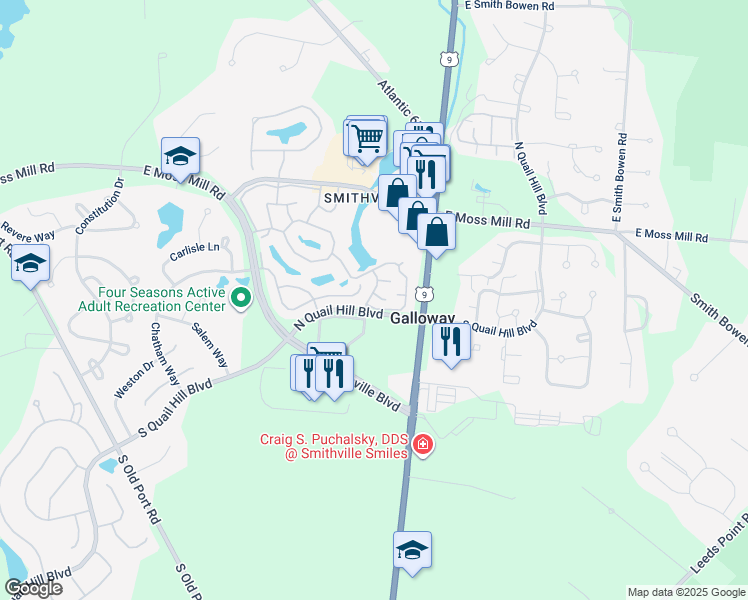 map of restaurants, bars, coffee shops, grocery stores, and more near 111 Waterview Drive in Absecon