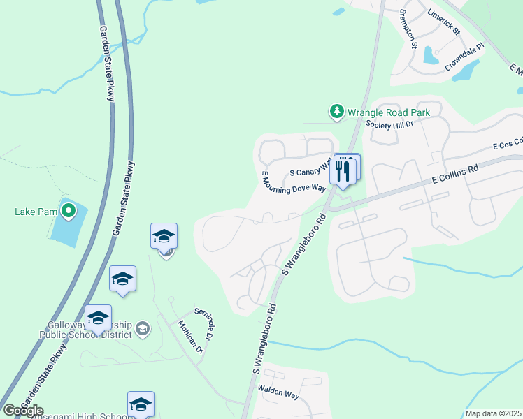 map of restaurants, bars, coffee shops, grocery stores, and more near 22 Club Place in Galloway