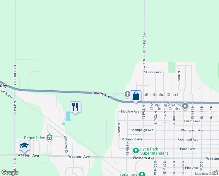 map of restaurants, bars, coffee shops, grocery stores, and more near 3600-4000 Dewitt Avenue in Mattoon