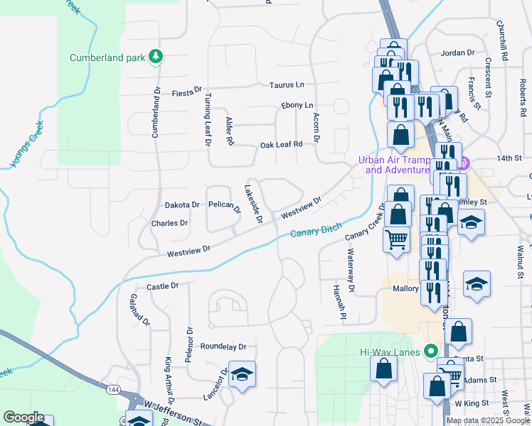 map of restaurants, bars, coffee shops, grocery stores, and more near 1800 Lakeside Drive in Franklin