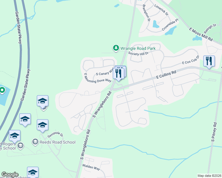 map of restaurants, bars, coffee shops, grocery stores, and more near South Wrangleboro Road & Club Place in Absecon
