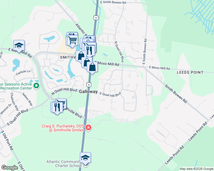map of restaurants, bars, coffee shops, grocery stores, and more near 721 Cooper Ferry Court in Galloway