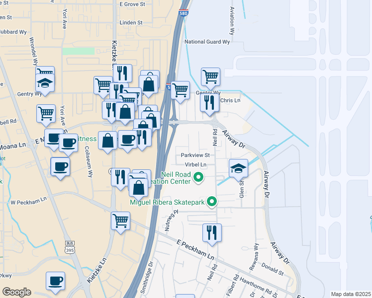 map of restaurants, bars, coffee shops, grocery stores, and more near 1120 Parkview Street in Reno