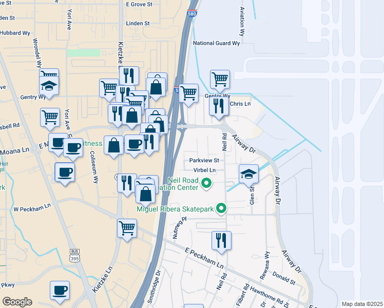 map of restaurants, bars, coffee shops, grocery stores, and more near 1120 Parkview Street in Reno