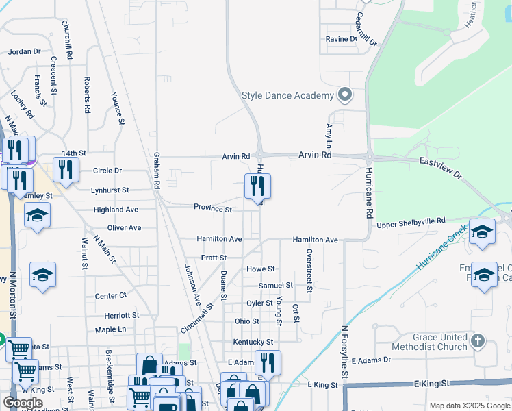 map of restaurants, bars, coffee shops, grocery stores, and more near 982 Hurricane Street in Franklin