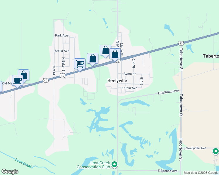 map of restaurants, bars, coffee shops, grocery stores, and more near 2044 North Main Street in Seelyville