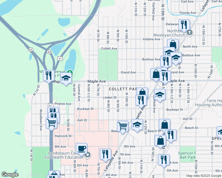 map of restaurants, bars, coffee shops, grocery stores, and more near 855 Linden Street in Terre Haute