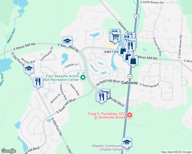 map of restaurants, bars, coffee shops, grocery stores, and more near 632 East Chancery Lane in Galloway
