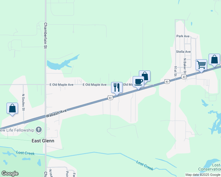 map of restaurants, bars, coffee shops, grocery stores, and more near 8575 East Old Maple Avenue in Terre Haute