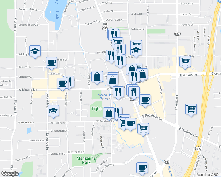 map of restaurants, bars, coffee shops, grocery stores, and more near W Moana Ln & Smith Dr in Reno