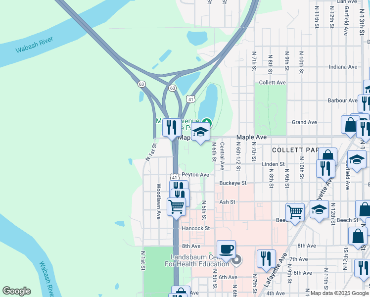 map of restaurants, bars, coffee shops, grocery stores, and more near 2038 North 4th Street in Terre Haute