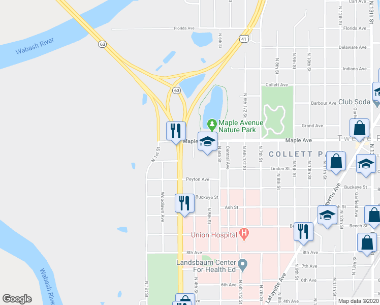 map of restaurants, bars, coffee shops, grocery stores, and more near 2060 North 4th Street in Terre Haute