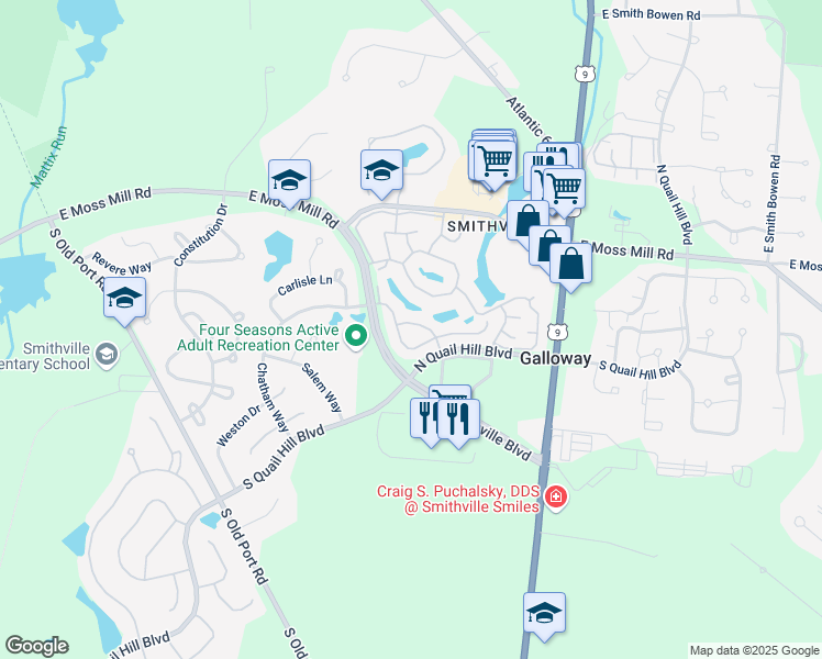map of restaurants, bars, coffee shops, grocery stores, and more near 632 East Regency Drive in Galloway