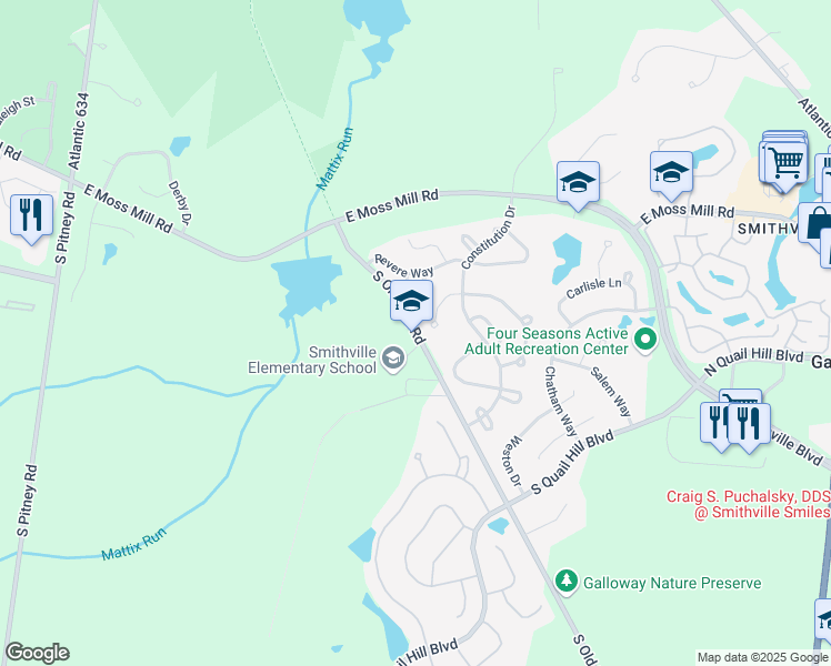 map of restaurants, bars, coffee shops, grocery stores, and more near 37 Old Port Republic Road in Galloway