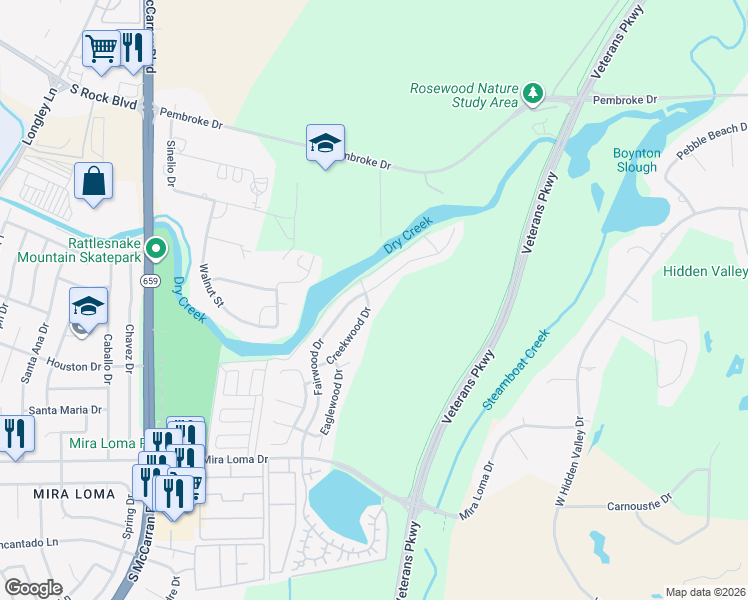 map of restaurants, bars, coffee shops, grocery stores, and more near 3005 Fairwood Drive in Reno