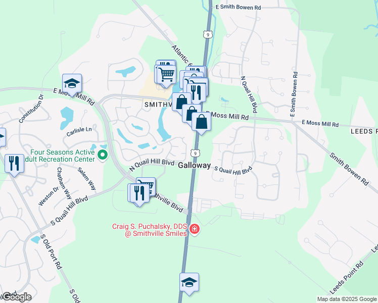 map of restaurants, bars, coffee shops, grocery stores, and more near 93 Waterview Drive in Absecon