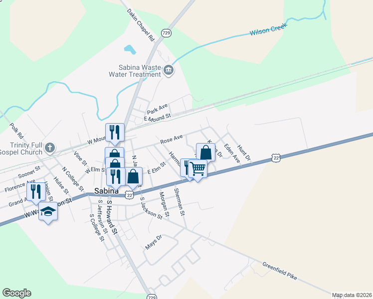 map of restaurants, bars, coffee shops, grocery stores, and more near 10 Flint Court in Sabina