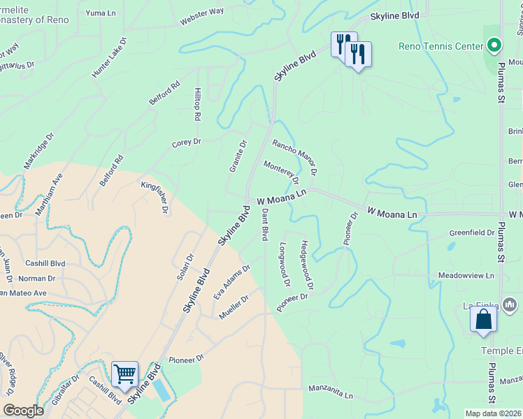 map of restaurants, bars, coffee shops, grocery stores, and more near 2925 West Moana Lane in Reno