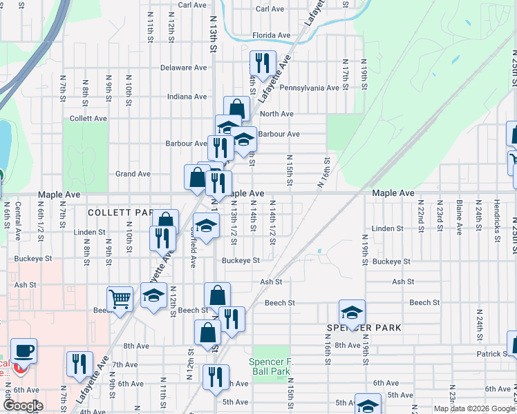 map of restaurants, bars, coffee shops, grocery stores, and more near 1423 Maple Avenue in Terre Haute