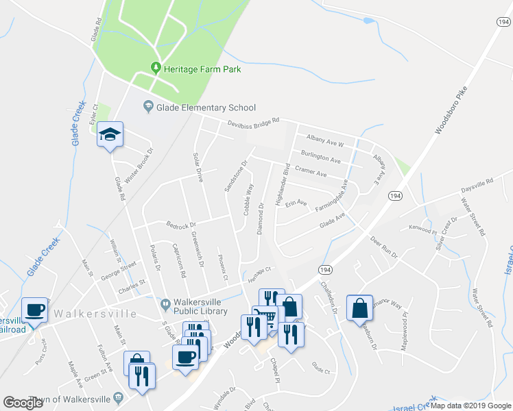 map of restaurants, bars, coffee shops, grocery stores, and more near 227 Diamond Drive in Walkersville