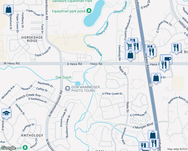 map of restaurants, bars, coffee shops, grocery stores, and more near Cherry Creek Trail in Parker