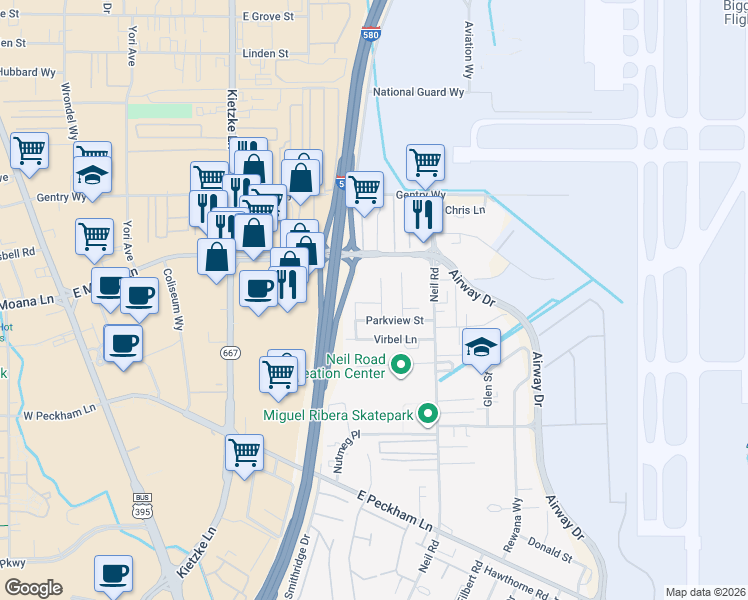 map of restaurants, bars, coffee shops, grocery stores, and more near 3555 Carlos Lane in Reno