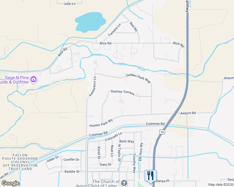 map of restaurants, bars, coffee shops, grocery stores, and more near 574 Sunrise Terrace in Fallon