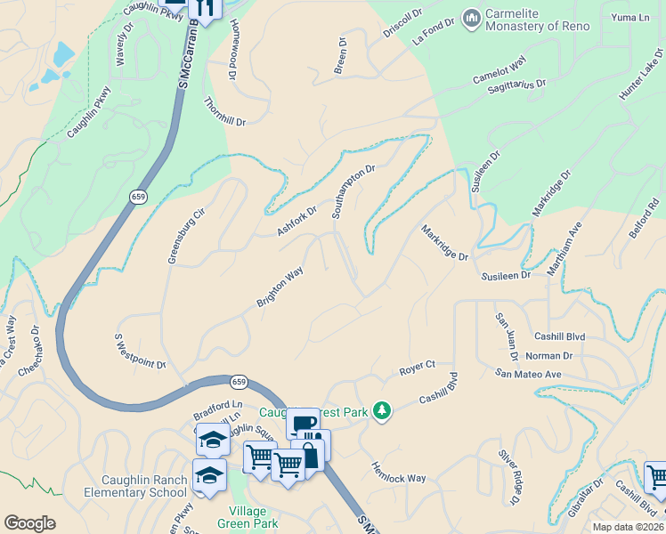 map of restaurants, bars, coffee shops, grocery stores, and more near 3420 Southampton Drive in Reno