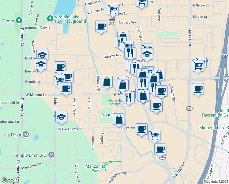 map of restaurants, bars, coffee shops, grocery stores, and more near 3350 Smith Drive in Reno