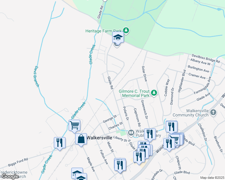 map of restaurants, bars, coffee shops, grocery stores, and more near 2 Glade Road in Walkersville