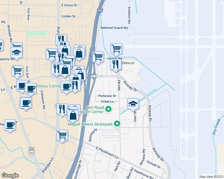 map of restaurants, bars, coffee shops, grocery stores, and more near 3445 Neil Road in Reno