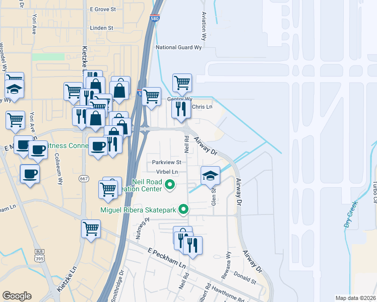 map of restaurants, bars, coffee shops, grocery stores, and more near 1370 Evelyn Way in Reno