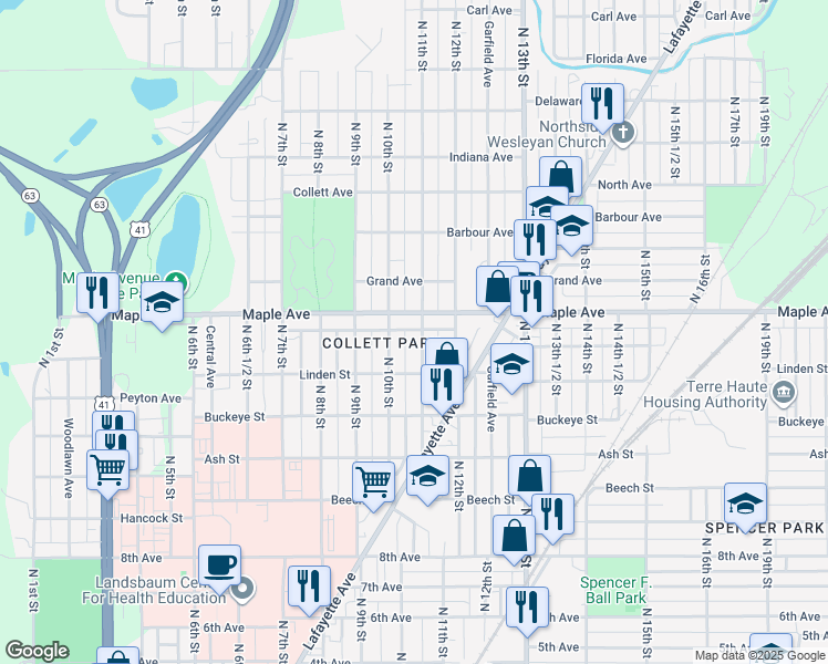 map of restaurants, bars, coffee shops, grocery stores, and more near 2044 North 11th Street in Terre Haute