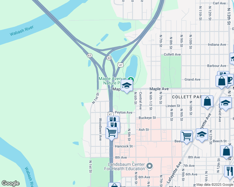 map of restaurants, bars, coffee shops, grocery stores, and more near 2048 North 4th Street in Terre Haute