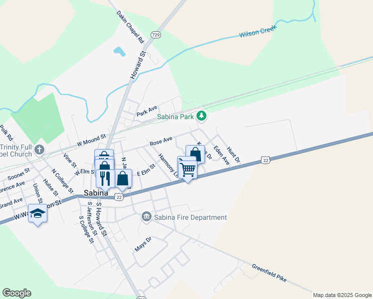 map of restaurants, bars, coffee shops, grocery stores, and more near 10 Flint Court in Sabina