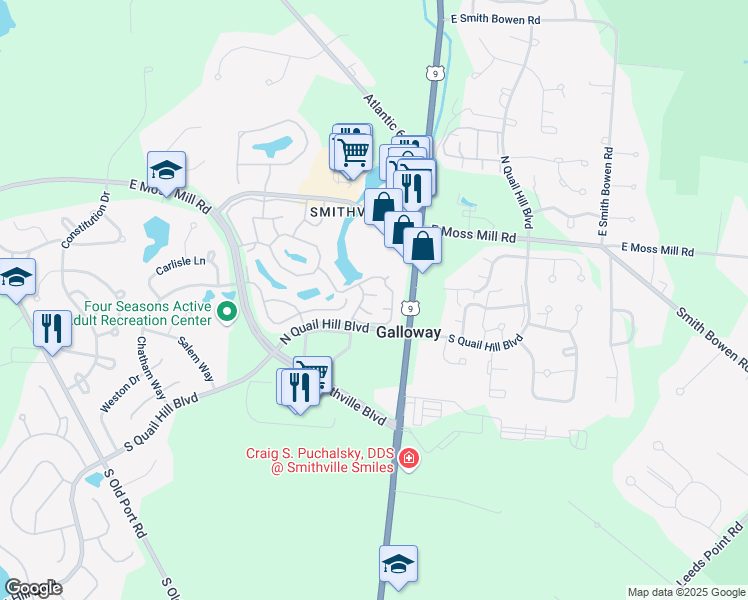 map of restaurants, bars, coffee shops, grocery stores, and more near 10 Waterview Drive in Galloway