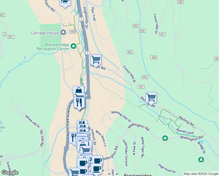 map of restaurants, bars, coffee shops, grocery stores, and more near 38 Magnum Bonum Drive in Breckenridge