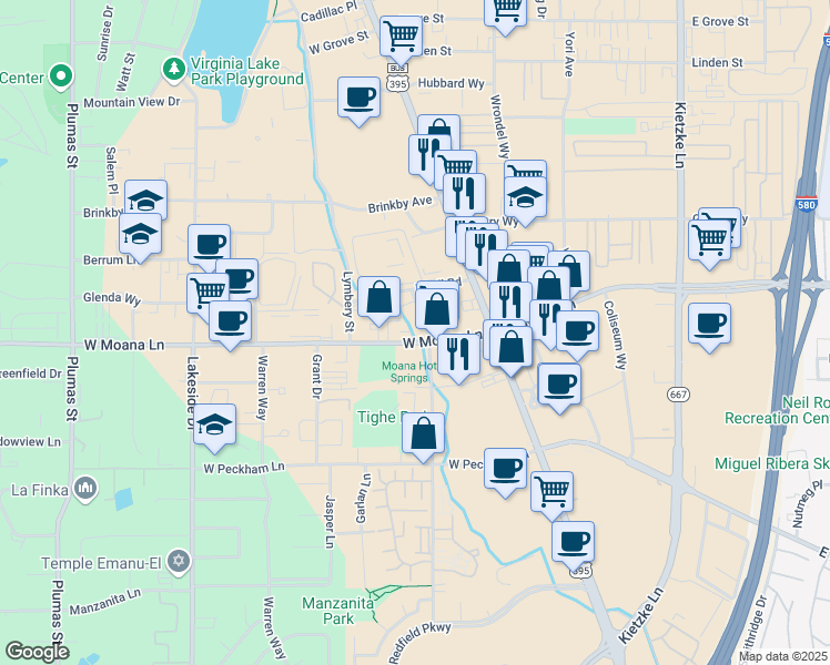 map of restaurants, bars, coffee shops, grocery stores, and more near 3350 Smith Drive in Reno
