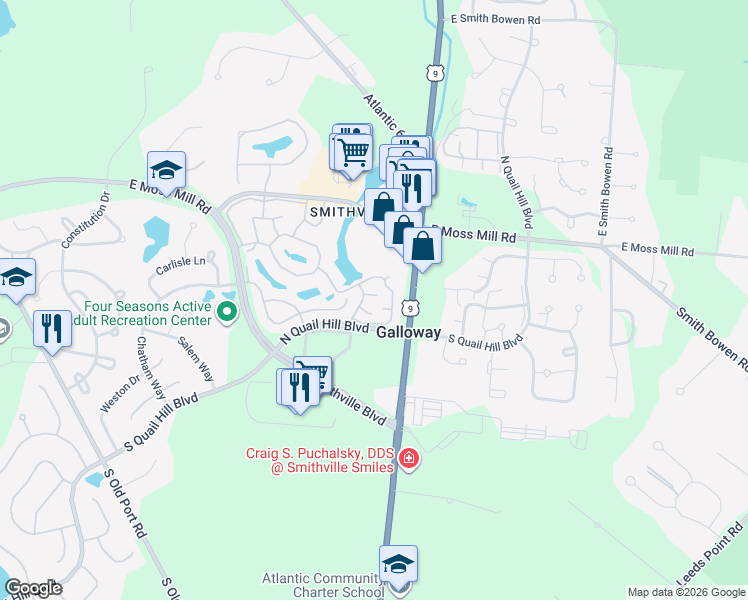 map of restaurants, bars, coffee shops, grocery stores, and more near 157 Edgewater Drive in Galloway