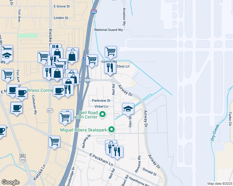 map of restaurants, bars, coffee shops, grocery stores, and more near 1370 Evelyn Way in Reno