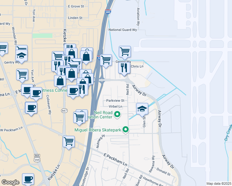 map of restaurants, bars, coffee shops, grocery stores, and more near 3512 Carlos Lane in Reno