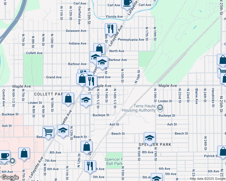 map of restaurants, bars, coffee shops, grocery stores, and more near 1423 Maple Avenue in Terre Haute