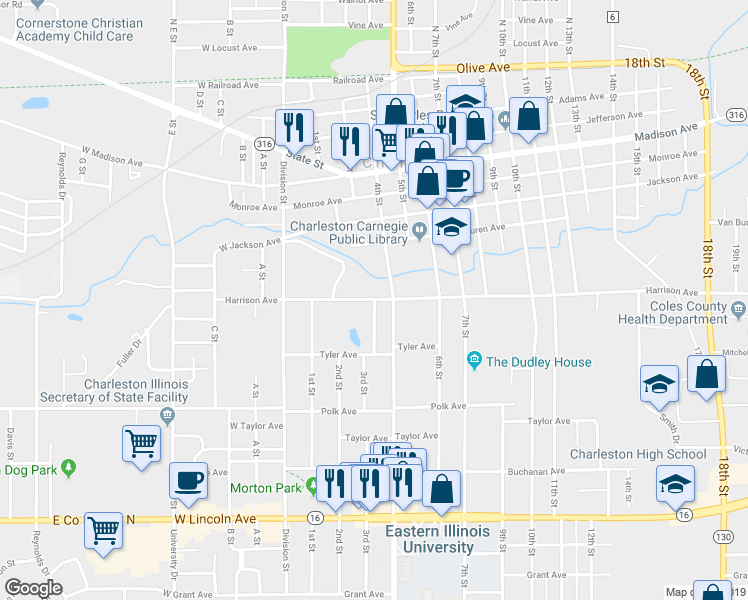 map of restaurants, bars, coffee shops, grocery stores, and more near 3rd Street in Charleston