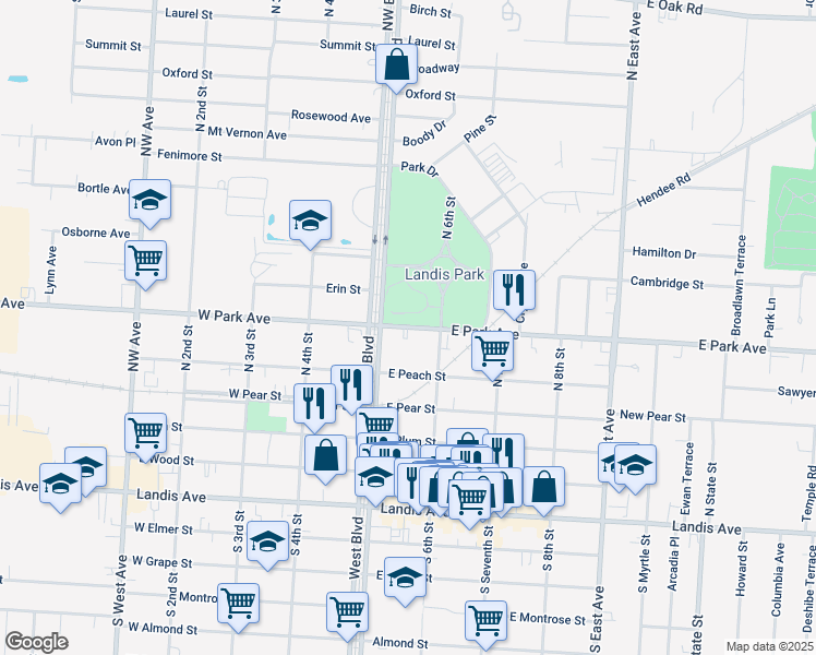 map of restaurants, bars, coffee shops, grocery stores, and more near 546 East Park Avenue in Vineland