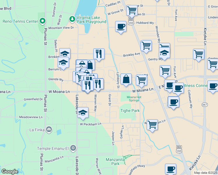 map of restaurants, bars, coffee shops, grocery stores, and more near 675 West Moana Lane in Reno