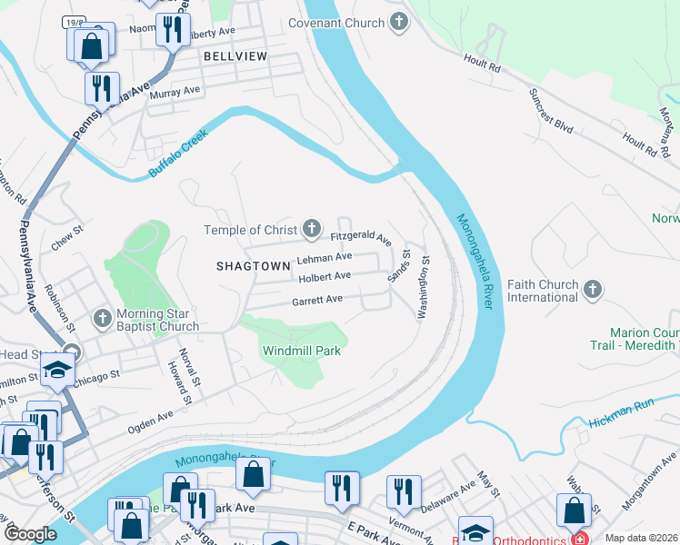 map of restaurants, bars, coffee shops, grocery stores, and more near 301 Lehman Ave in Fairmont